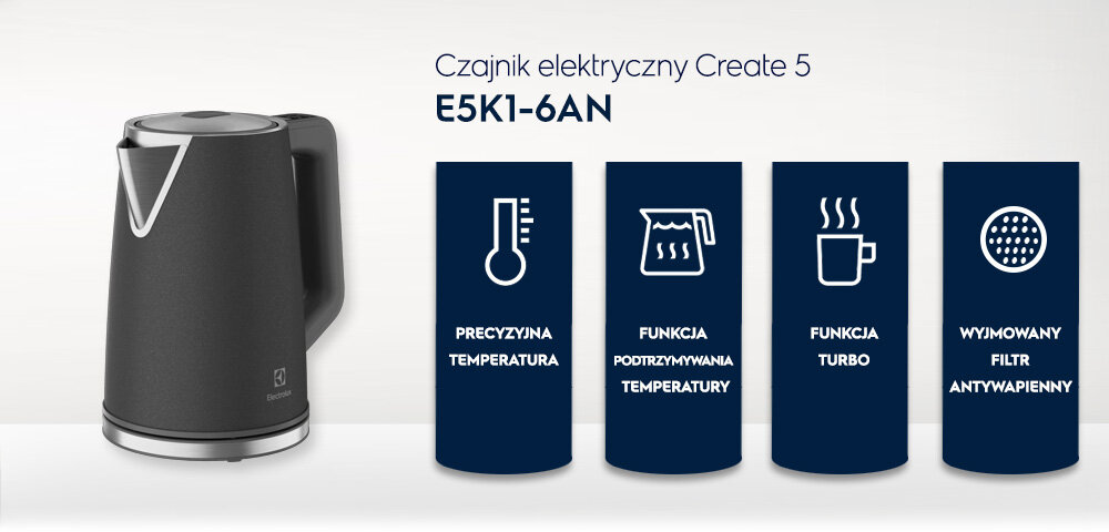 Na obrazie widoczny jest czajnik elektryczny w kolorze ciemnym z logo producenta. Obok znajdują się cztery ikony z napisami: \'PRECYZYJNA TEMPERATURA\', \'FUNKCJA PODTRZYMYWANIA TEMPERATURY\', \'FUNKCJA TURBO\', \'WYJMOWANY FILTR ANTYWAPIENNY\'.