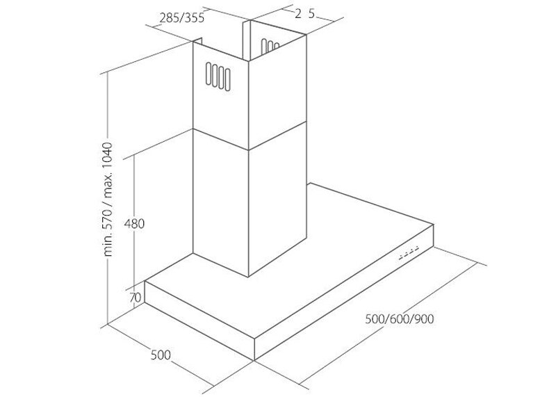 Schematyczny rysunek okapu kuchennego z wymiarami: szerokość 500/600/900 mm, głębokość 500 mm, wysokość minimalna 570 mm i maksymalna 1040 mm. Widoczne są również wymiary poszczególnych elementów: 285/355 mm, 480 mm i 70 mm.