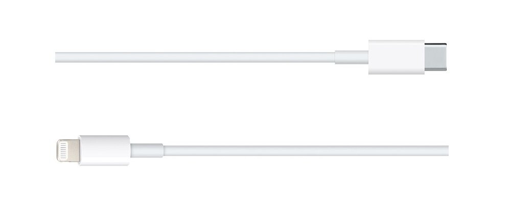 Na obrazie widoczny jest biały kabel z dwoma różnymi końcówkami: USB-C i Lightning. Kabel jest prosty i nie ma widocznych oznaczeń producenta.