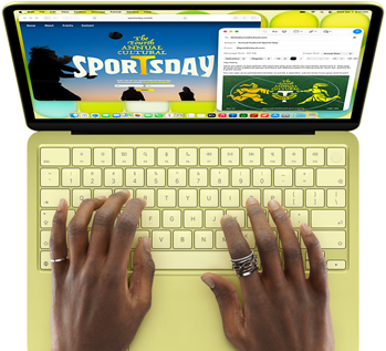 Osoba pisze na klawiaturze laptopa w kolorze jasnozielonym. Na ekranie widoczne są dwie otwarte aplikacje z grafiką i tekstem.
