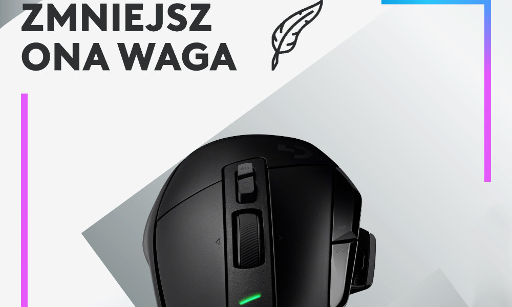 Czarna mysz komputerowa z widocznymi przyciskami i rolką, na tle znajduje się tekst \'ZMIEJSZ ONA WAGA\' oraz rysunek pióra.