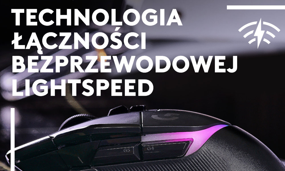 Na obrazie widoczna jest czarna mysz komputerowa z podświetleniem, a obok niej znajduje się tekst: \'TECHNOLOGIA ŁĄCZNOŚCI BEZPRZEWODOWEJ LIGHTSPEED\'.