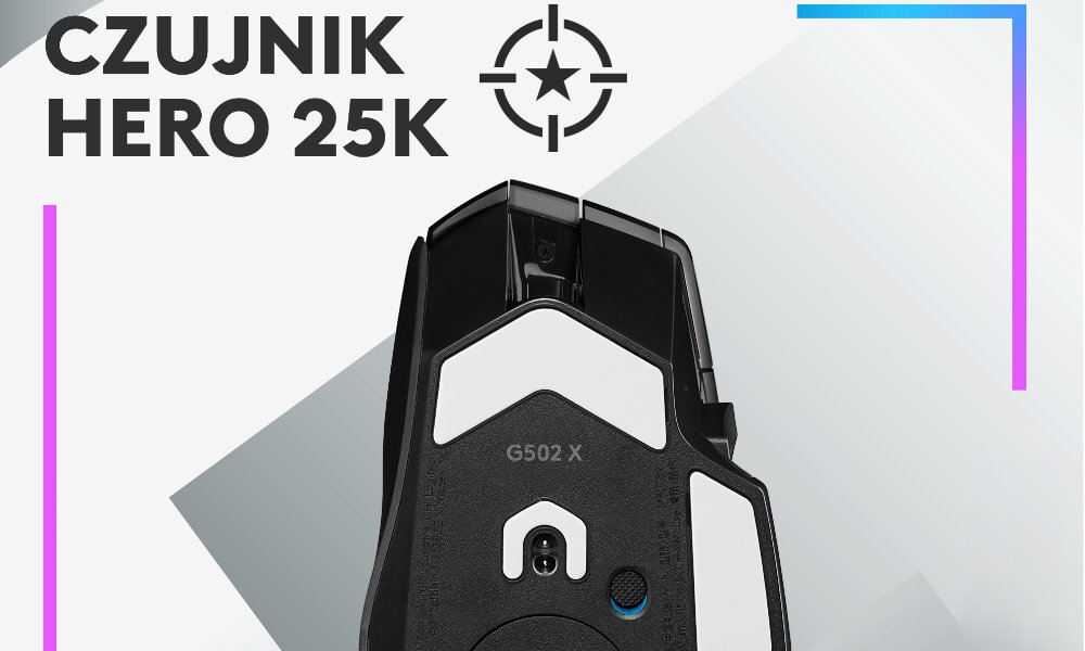 Obraz przedstawia czarną mysz komputerową z napisem \'G502 X\' oraz tekstem \'CZUJNIK HERO 25K\'. W tle widoczny jest symbol celownika.
