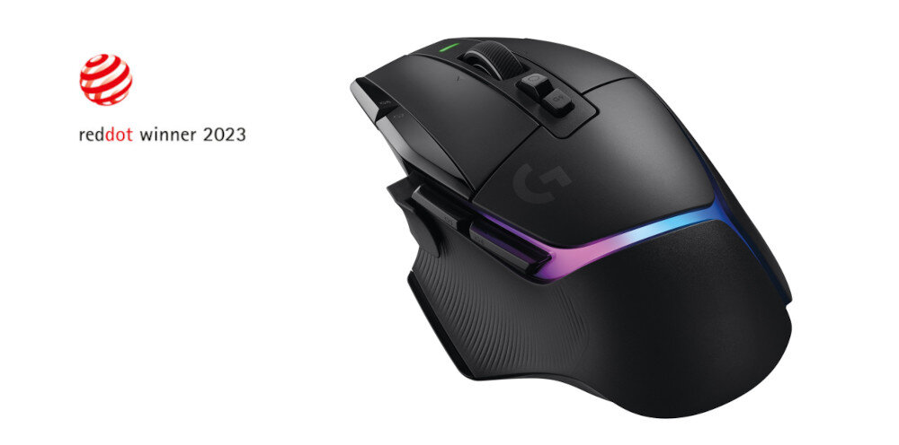 Czarna mysz komputerowa z podświetleniem RGB i logo \'G\' na powierzchni. Obok znajduje się napis \'reddot winner 2023\'.