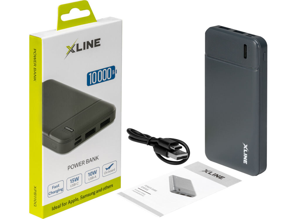 Na obrazie znajduje się szary powerbank z logo XLINE, kabel USB oraz instrukcja obsługi. Obok widoczne jest opakowanie z napisem \'10000 mAh\' i informacjami o szybkim ładowaniu 15W USB-C i 10W USB-A.