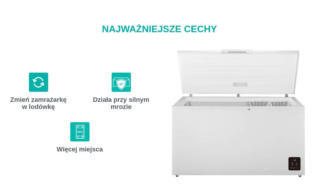Obraz przedstawia białą zamrażarkę z otwartą pokrywą oraz trzy ikony z tekstem: \'Zmień zamrażarkę w lodówkę\', \'Działa przy silnym mrozie\', \'Więcej miejsca\'.