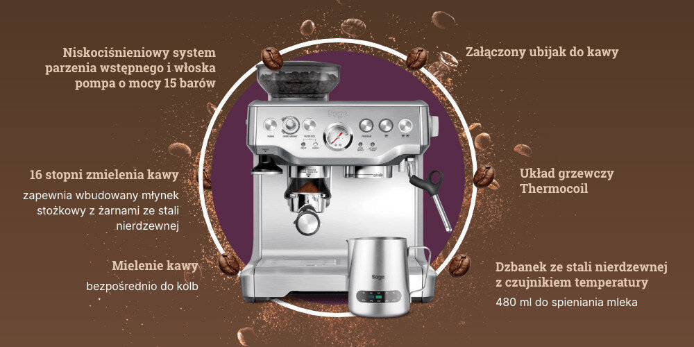Ekspres SAGE Barista Express SES875BSS zdjęcie lifestyle Kontrola w każdym kroku młynek stożkowy z 16 stopniami mielenia ciśnienie Układ grzewczy Thermocoilubijak i dzbanek 480 ml 