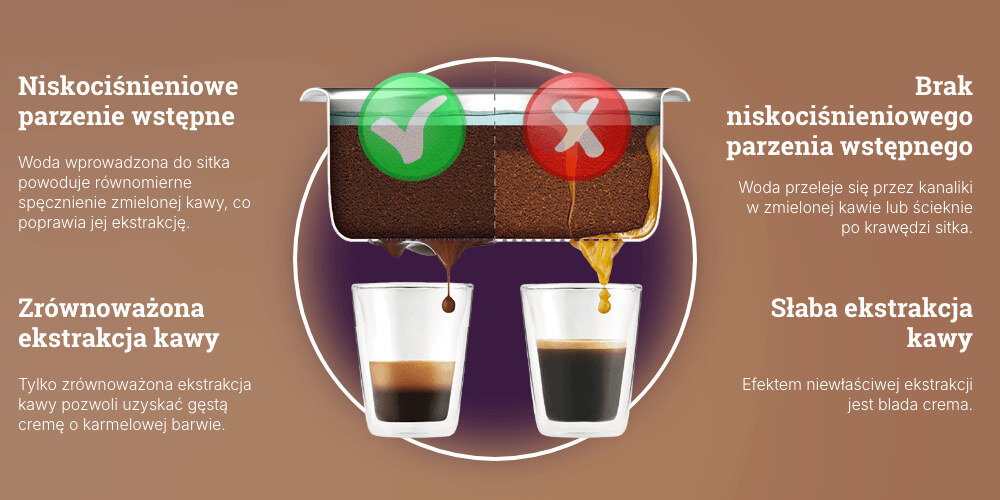 Ekspres SAGE Barista Express SES875BSS zdjęcie lifestyle delikatnie nawilża zmieloną kawę gęstą cremę o karmelowym odcieniu aromatyczny, harmonijny charakter