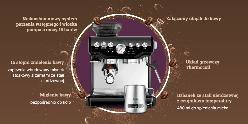 Ekspres SAGE Barista Express SES875BKS zdjęcie lifestyle Kontrola w każdym kroku młynek stożkowy z 16 stopniami mielenia ciśnienie Układ grzewczy Thermocoilubijak i dzbanek 480 ml 