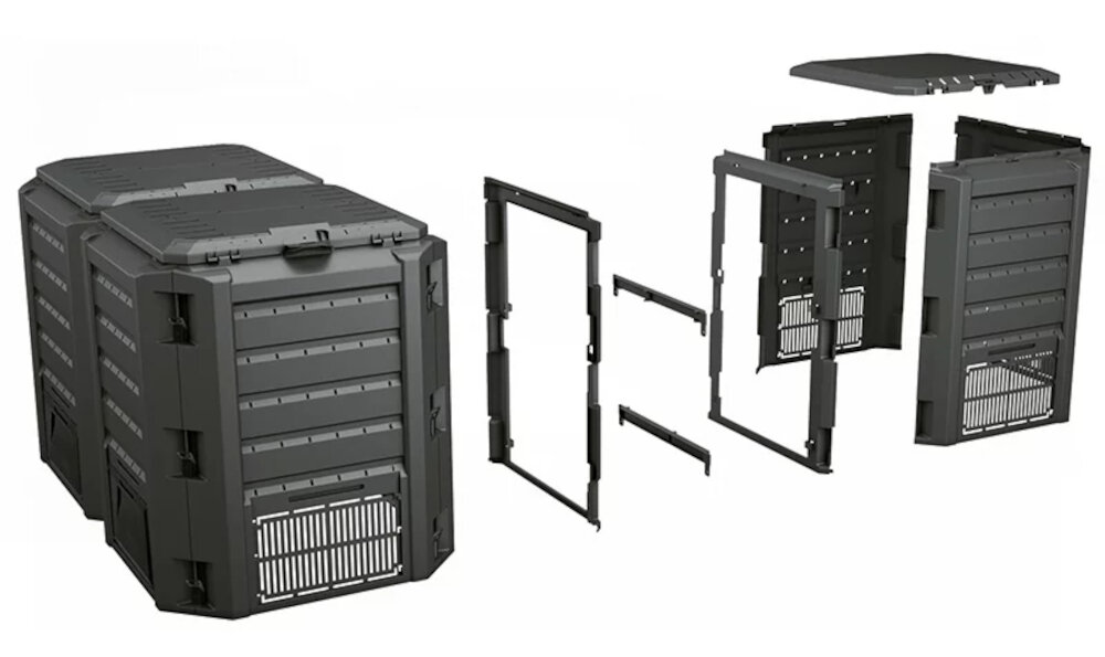 Kompostownik PROSPERPLAST IKSM-800C przemyslane wymiary 72 cm glebokosci 144 cm szerokosc 83 cm wysokosci metalowe nierdzewne trzpienie zawiasow