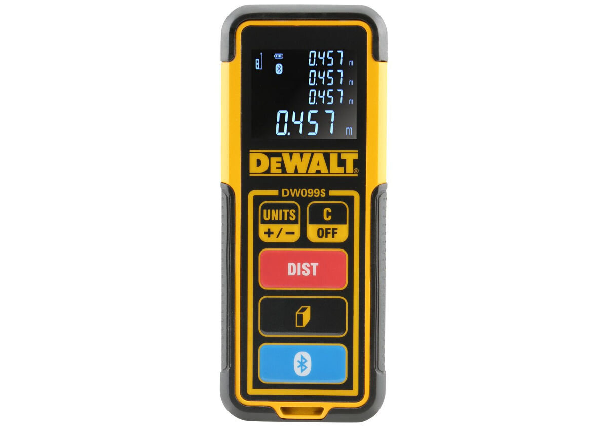 Dalmierz laserowy DEWALT DW099S-XJ, szybkie, wyznaczanie, praca, dystanse, dokładność, na białym tle dalmierz frontem na wprost