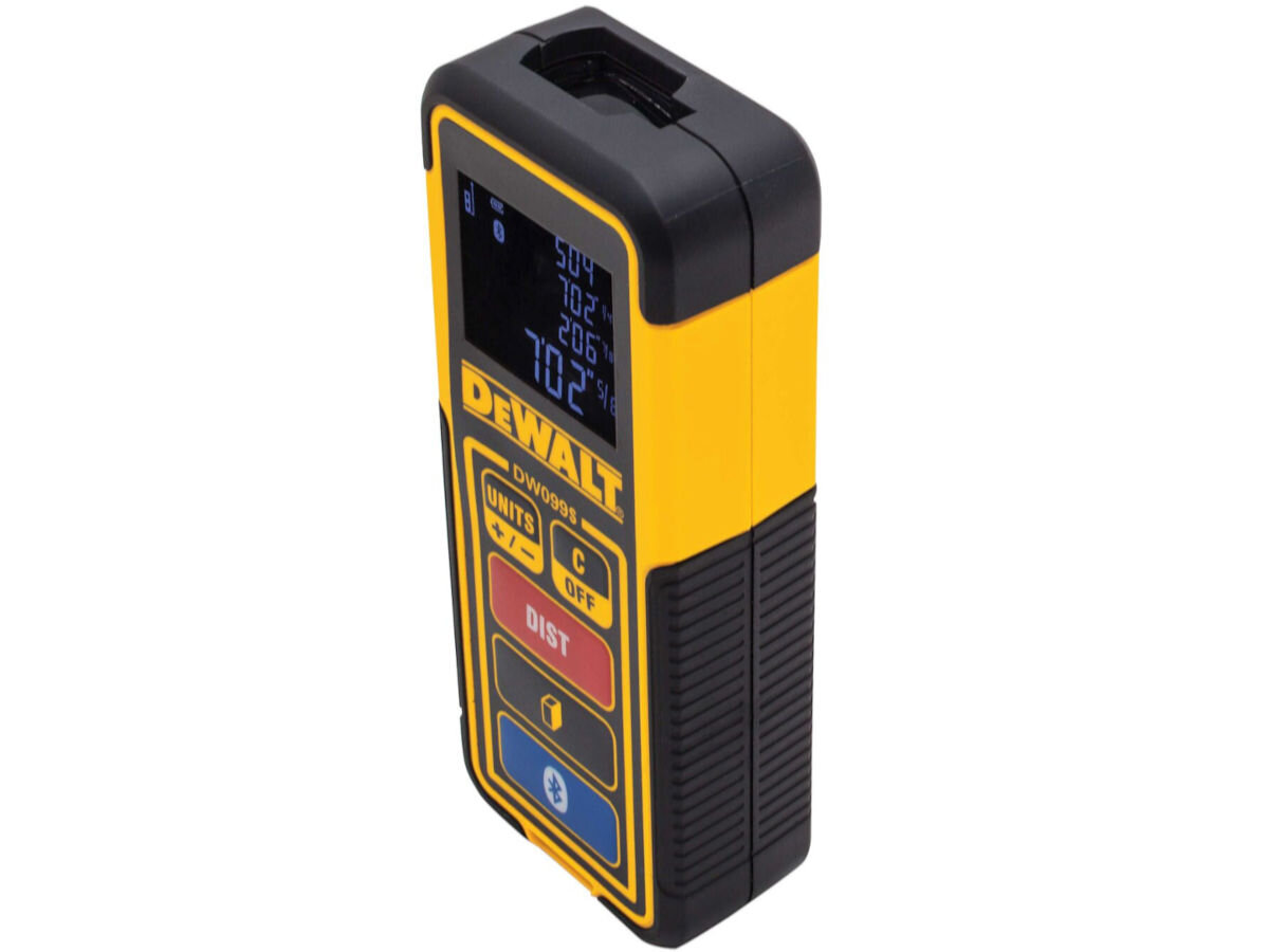Dalmierz laserowy DEWALT DW099S-XJ, interfejs, bluetooth, tool Connect, pomiarowe, na białym tle dalmierz frontem prawo skos
