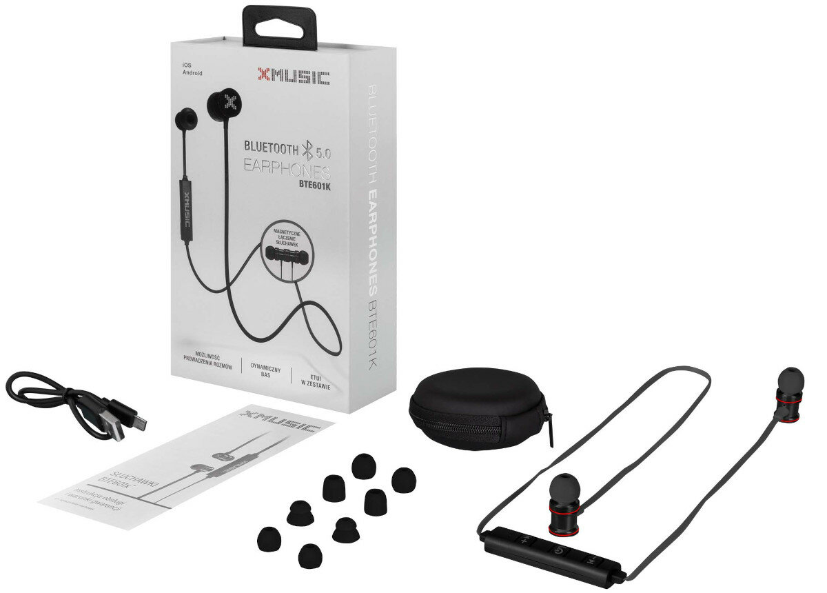 Słuchawki dokanałowe XMUSIC BTE601K Niebieski Bluetooth etui zawartosc opakowania