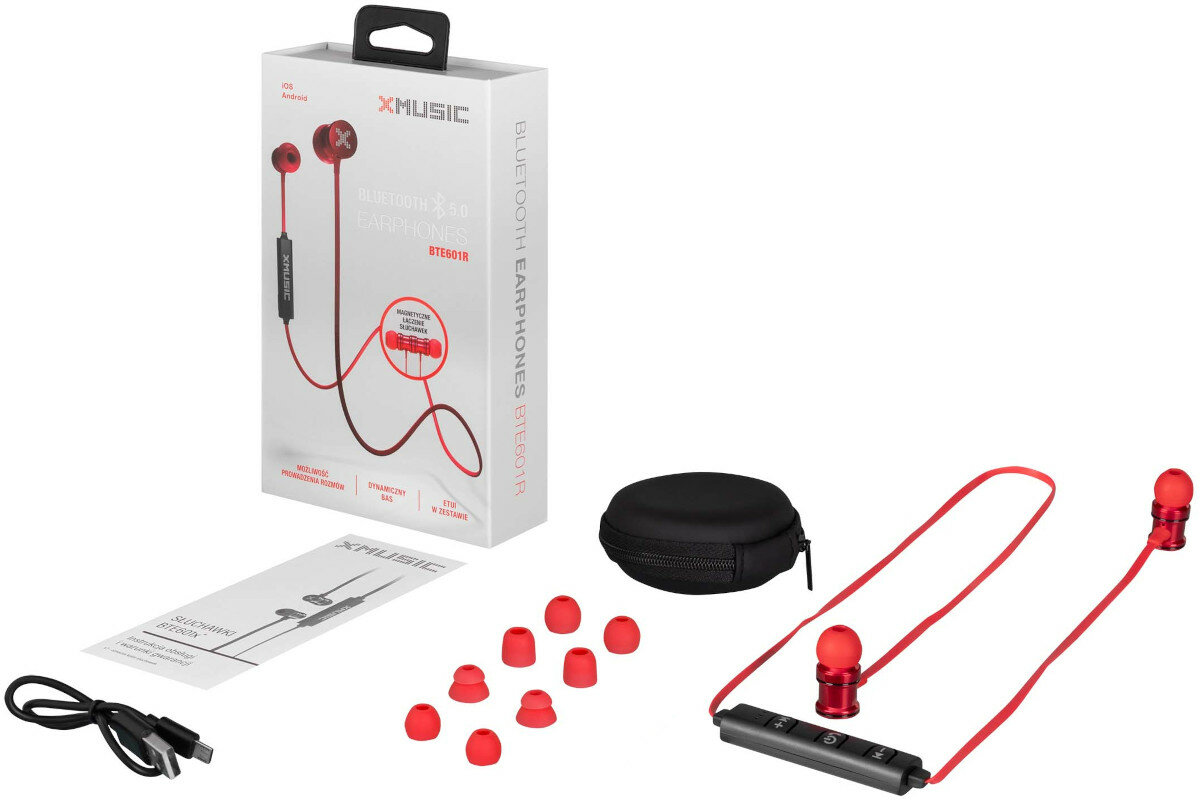 Słuchawki dokanałowe XMUSIC BTE601B Niebieski Bluetooth etui zawartosc opakowania