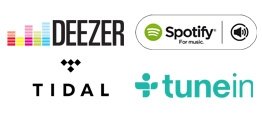 Obraz przedstawia logotypy czterech serwisów muzycznych: Deezer, Spotify, Tidal i TuneIn. Każdy logotyp jest w swoim charakterystycznym stylu i kolorystyce.