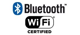 Obraz przedstawia dwa logotypy: \'Bluetooth\' oraz \'Wi Fi CERTIFIED\'.