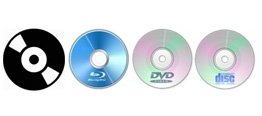 Obraz przedstawia cztery różne płyty: czarną z białymi elementami, niebieską z napisem \'Blu-ray\', srebrną z napisem \'DVD\' oraz srebrną z napisem \'disc\'.