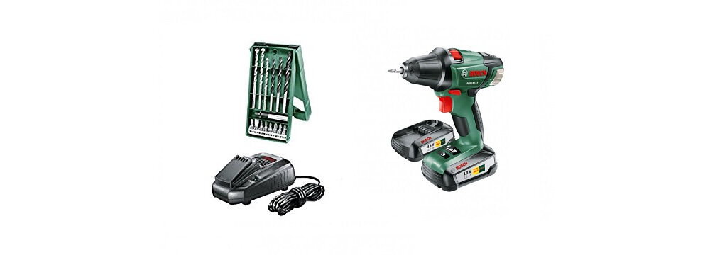 Wiertarko-wkrętarka BOSCH PSR 18 LI-2 dwa akumulatory o pojemności 2,5 Ah każdy szybka ładowarka AL 1130 CV 3-stopniowy wskaźnik stanu naładowania akumulatora