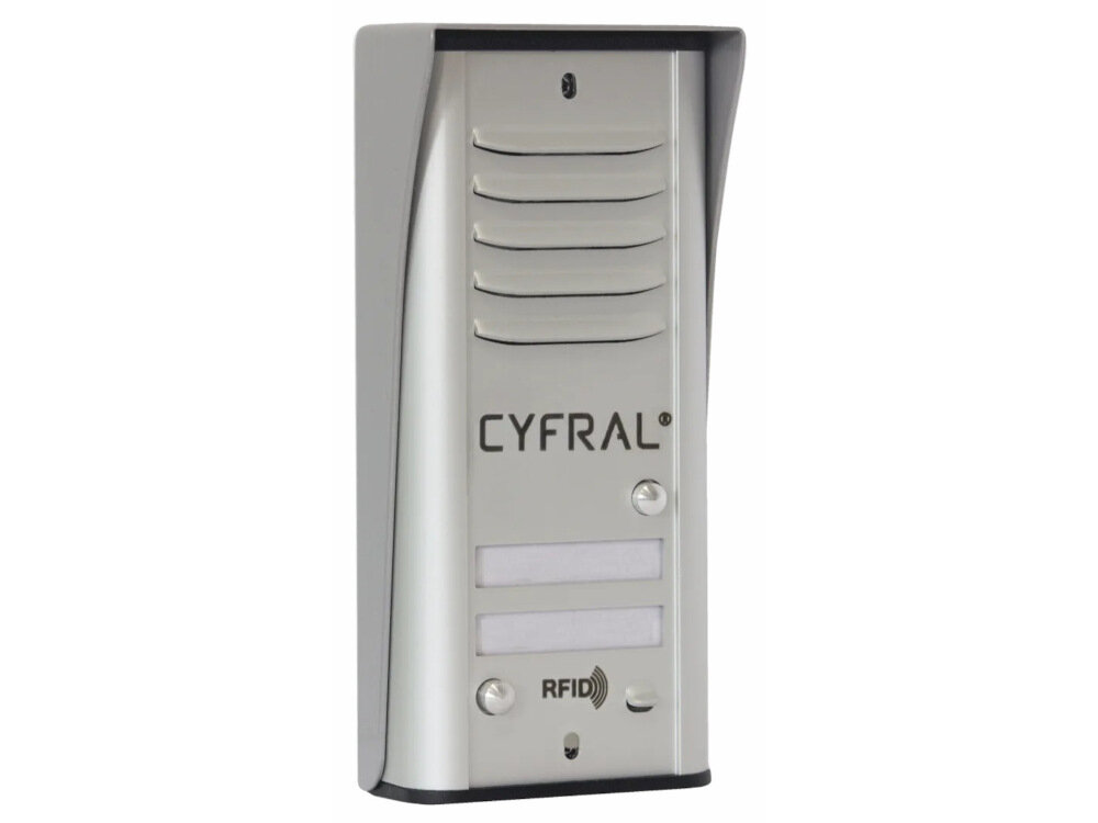 Domofon CYFRAL Cosmo R2 Srebrny kaseta zewnętrzna Cosmo aluminiowa pokrywa czołowa anodowanie obudowa z tworzywa ABS w czarnym kolorze specjalne nietypowe wkręty podświetlane wizytówki nazwisk