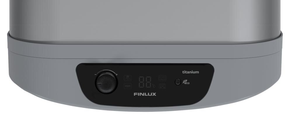 Dolna część bojlera elektrycznego z panelem sterowania, na którym widoczny jest wyświetlacz cyfrowy oraz pokrętło. Na panelu znajduje się napis \'FINLUX\' oraz słowo \'titanium\'.