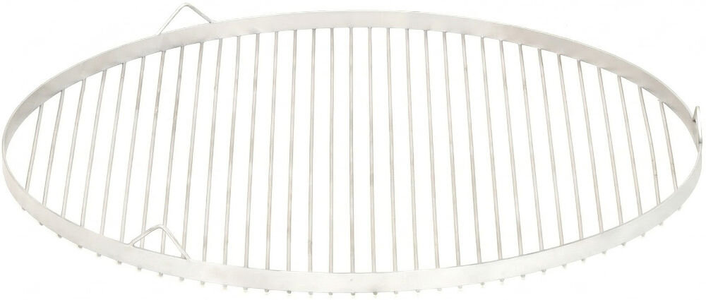 Ruszt FARMCOOK E00364 Okrągły ruszt grillowy wykonany ze stali nierdzewnej, widok z boku pod kątem. Ruszt posiada gęsto rozstawione pręty oraz dwa pionowe uchwyty przymocowane do zewnętrznej obręczy.