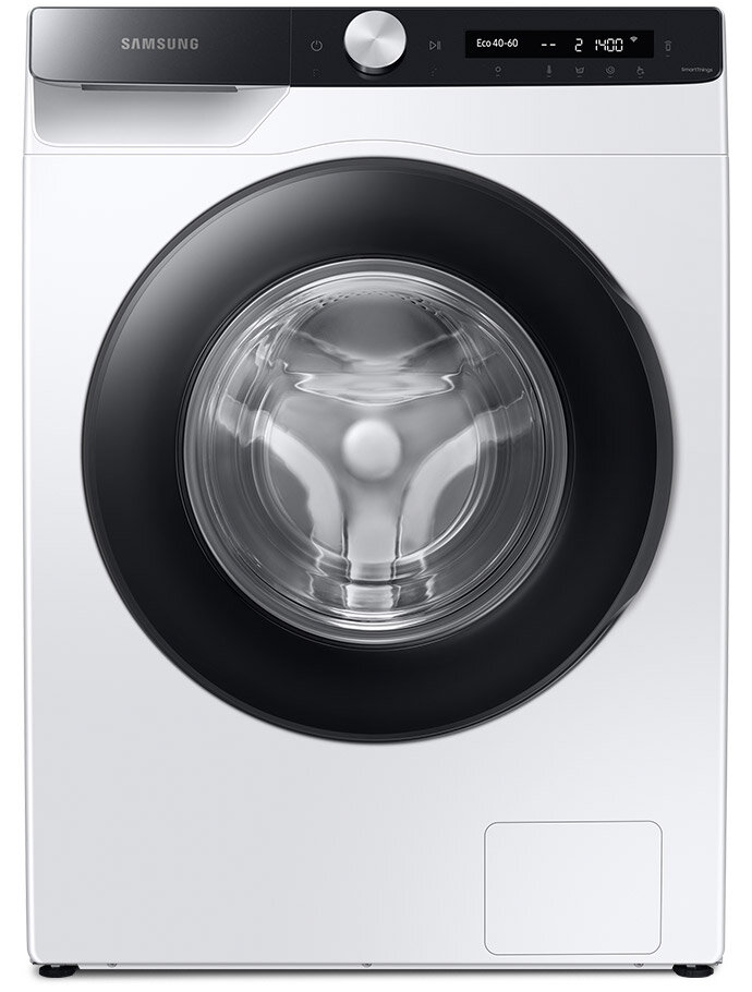 Pralka o nowoczesnym designie z dużym, przezroczystym bębnem i panelem sterowania z wyświetlaczem. Na panelu widoczne są napisy: \'SAMSUNG\', \'Eco 40-60\', \'2\', \'1400\'.