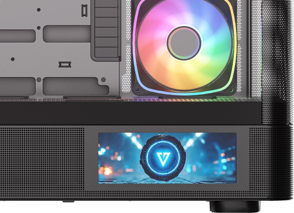 Obraz przedstawia fragment obudowy komputerowej z widocznym wentylatorem podświetlanym w kolorach RGB. Na dole znajduje się ekran z niebieskim symbolem w kształcie litery V na tle rozmytych świateł.