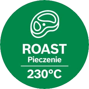 Zielona ikona z białym symbolem kawałka mięsa oraz napisem \'ROAST Pieczenie 230°C\'.
