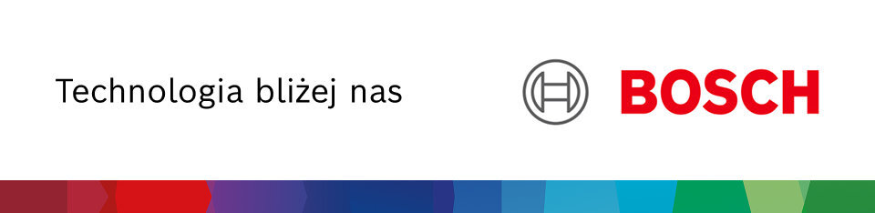 Obraz przedstawia napis \'Technologia bliżej nas\' oraz logo BOSCH na białym tle. Na dole widoczny jest kolorowy pasek z odcieniami czerwieni, fioletu, niebieskiego i zieleni.