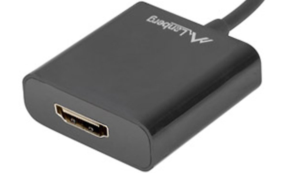 Czarny adapter z logo \'Lanberg\' na obudowie, z jednym portem HDMI widocznym na końcu.