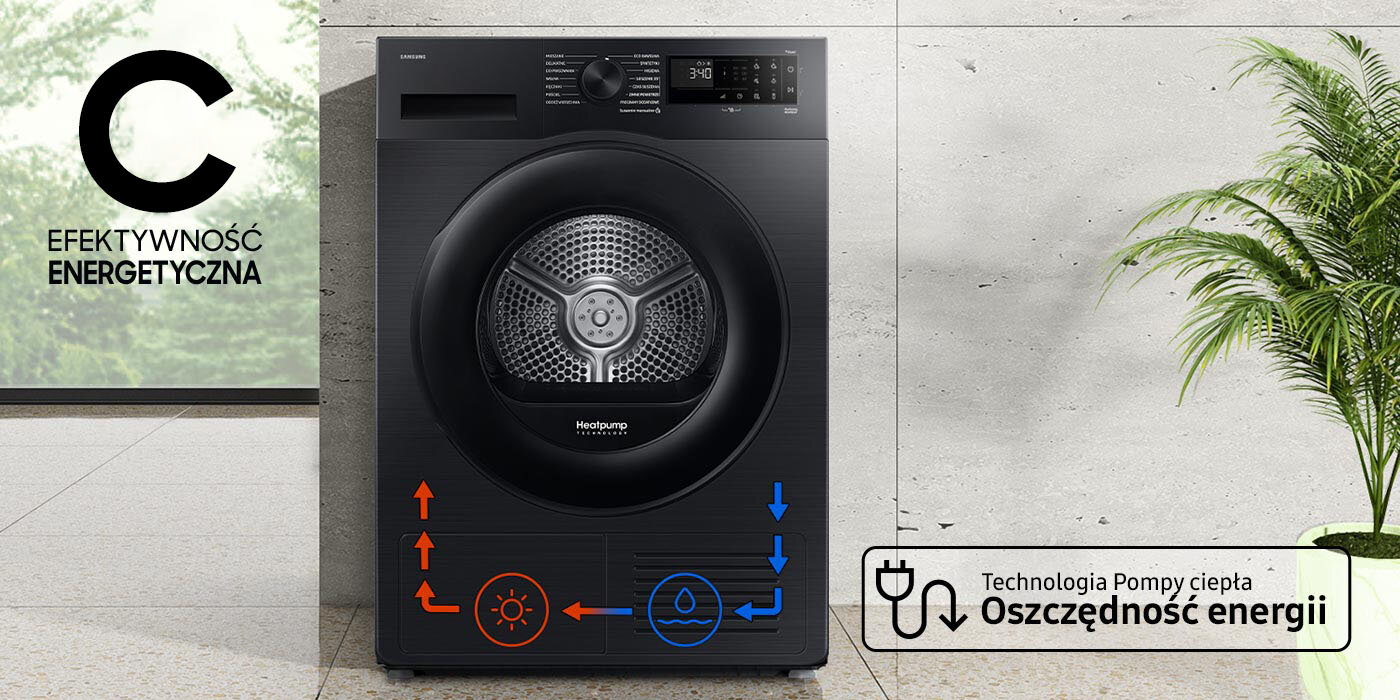 Suszarka Samsung dv90dg52a0abeo z pompą ciepła zapewniająca energooszczędne suszenie ubrań Na obrazie widoczna jest czarna suszarka z panelem sterowania i dużym bębnem, obok której znajduje się napis \'Efektywność energetyczna C\'. Na dole widnieje symbol technologii pompy ciepła z napisem \'Oszczędność energii\'.