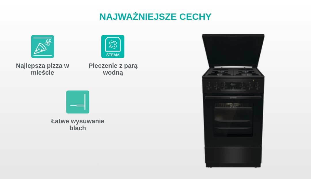 Obraz przedstawia kuchnię z otwartą pokrywą i trzema ikonami opisującymi jej funkcje: \'Najlepsza pizza w mieście\', \'Pieczenie z parą wodną\', \'Łatwe wysuwanie blach\'. Nad kuchnią widnieje napis \'NAJWAŻNIEJSZE CECHY\'.