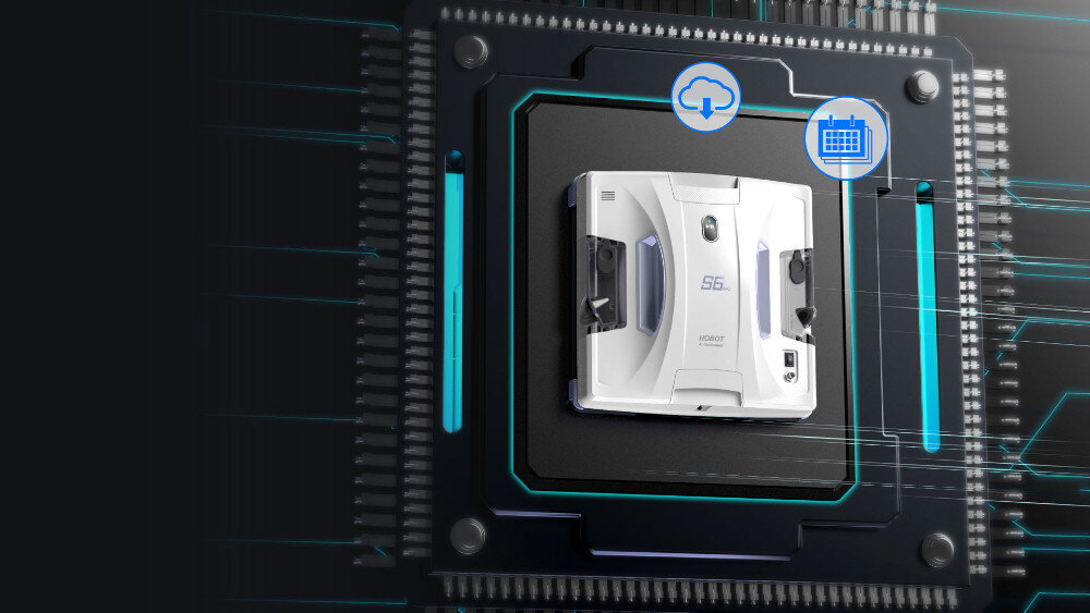 Na obrazie widoczny jest biały robot do mycia okien umieszczony na tle przypominającym układ scalony. Na robocie znajduje się napis \'S6 Pro\' oraz logo \'HOBOT\'.