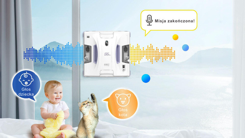Na obrazie widać robota do mycia okien HOBOT S6 Pro zamontowanego na szybie, obok którego znajdują się kolorowe fale dźwiękowe oraz dymek z tekstem \'Misja zakończona!\'. Na dole obrazu jest dziecko i kot, a obok nich ikony z napisami \'Głos dziecka\' i \'Głos kota\'.
