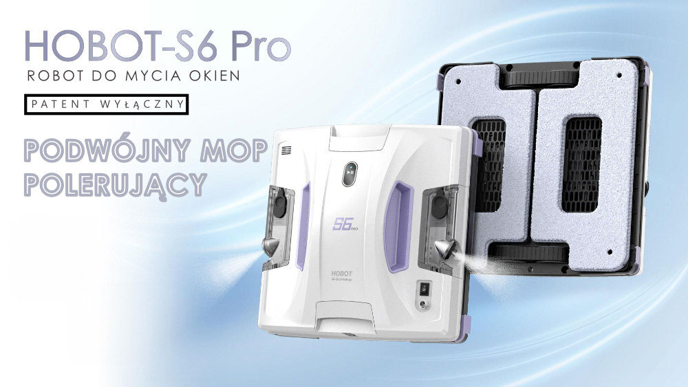 Obraz przedstawia biały robot do mycia okien z fioletowymi akcentami, obok którego widnieje tekst: \'HOBOT-S6 Pro Robot do mycia okien PATENT WYŁĄCZNY PODWÓJNY MOP POLERUJĄCY\'.