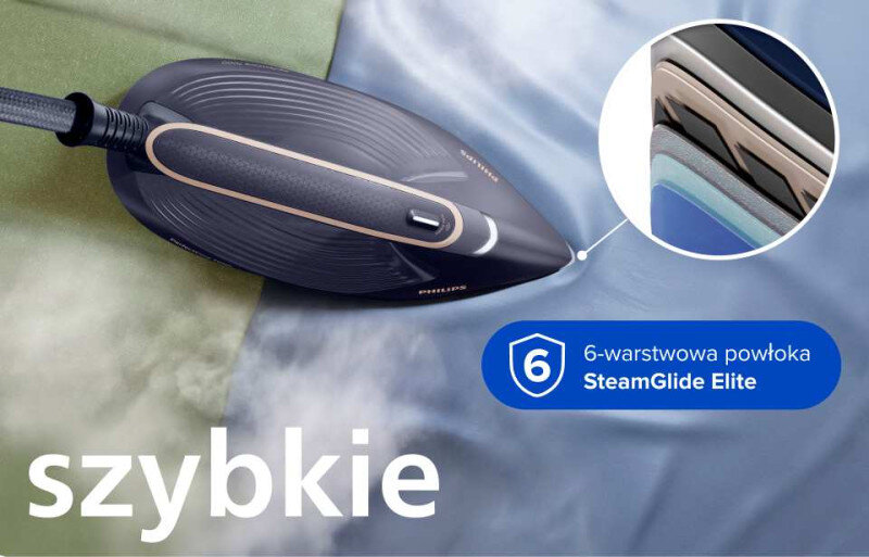 Obraz przedstawia żelazko z generatorem pary na tkaninie, z widocznym logo PHILIPS. Na obrazie znajduje się tekst: \'szybkie\' oraz \'6-warstwowa powłoka SteamGlide Elite\'.