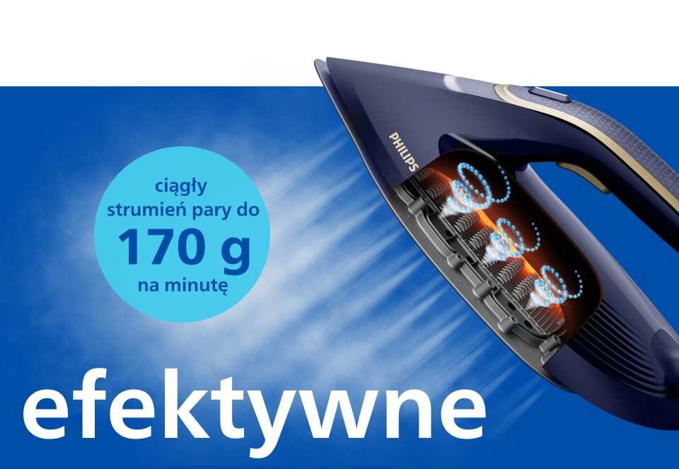 Na obrazie widoczny jest generator pary z logo PHILIPS, emitujący strumień pary. Tekst na obrazie: \'ciągły strumień pary do 170 g na minutę\' oraz \'efektywne\'.