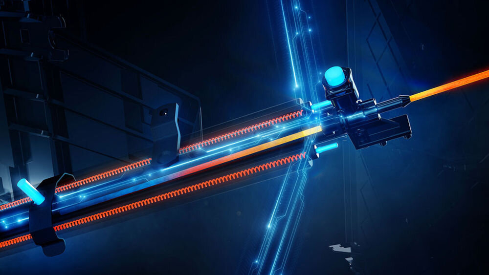 Obraz przedstawia schematyczną ilustrację z elementami w kolorze niebieskim i pomarańczowym, przypominającą futurystyczny układ elektroniczny lub mechaniczny. Widoczne są linie i kształty sugerujące przepływ energii lub cieczy.