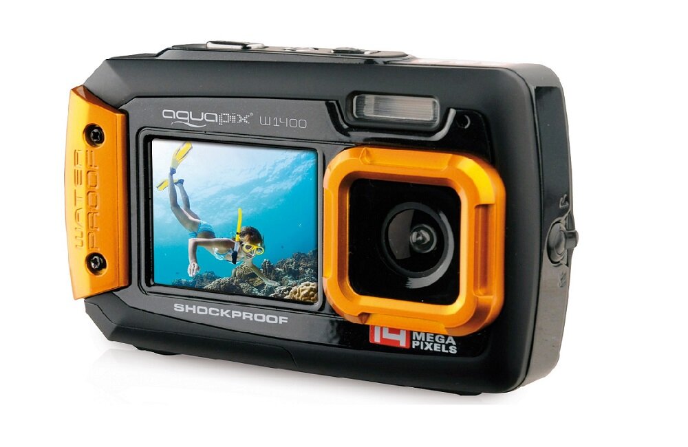 APARAT AQUAPIX W1400 ACTIVE ORANGE WODOODPORNY wodoszczelna konstrukcja wstrząsoodporny dziesięć trybów tematycznych niewielki rozmiar