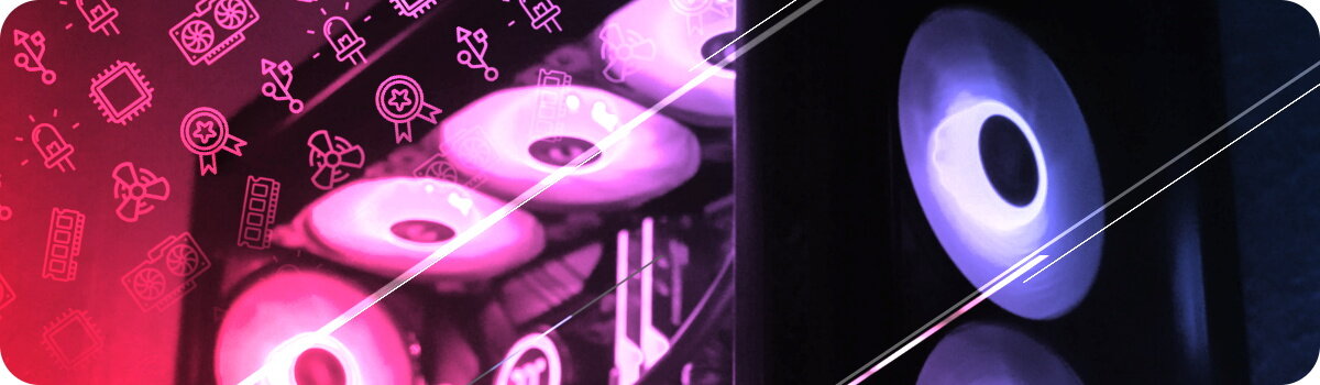 Obraz przedstawia komputer z podświetleniem RGB, widoczne są wentylatory z kolorowym oświetleniem. Tło ma gradientowe kolory z ikonami związanymi z technologią.