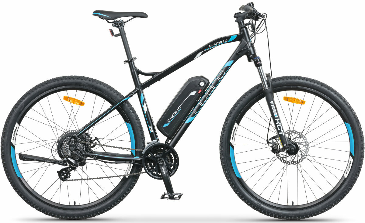 Rower elektryczny INDIANA E-MTB 1.0 M20 Czarno-niebieski wyglad front