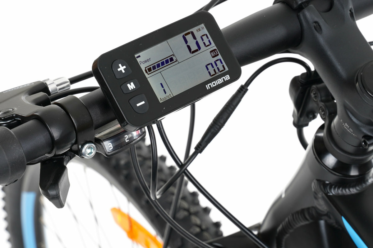 Rower elektryczny INDIANA E-MTB 1.0 M20 Czarno-niebieski silnik bateria zasieg predkosc wyswietlacz