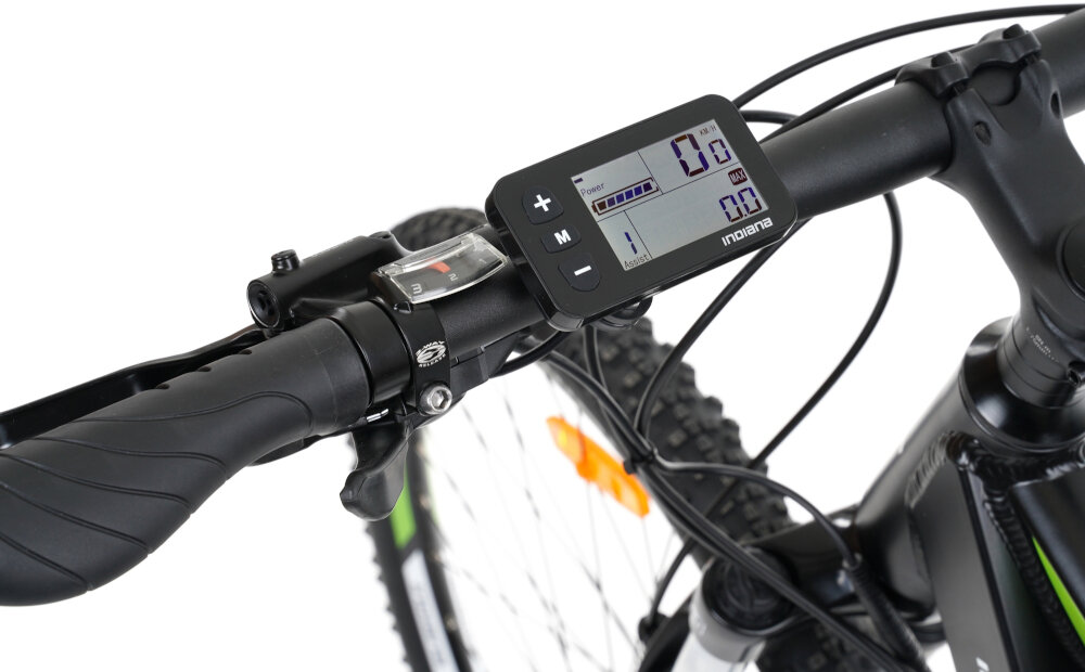 Rower elektryczny INDIANA E-MTB 2.0 M21 Czarno-zielony silnik bateria zasieg predkosc wyswietlacz