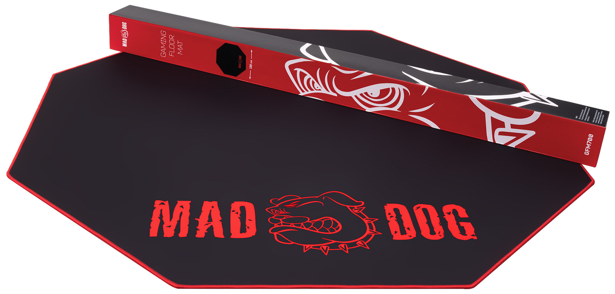 Czarna mata pod fotel gamingowy z czerwonym napisem \'MAD DOG\' i grafiką psa. Obok znajduje się czerwone opakowanie z białymi elementami graficznymi.