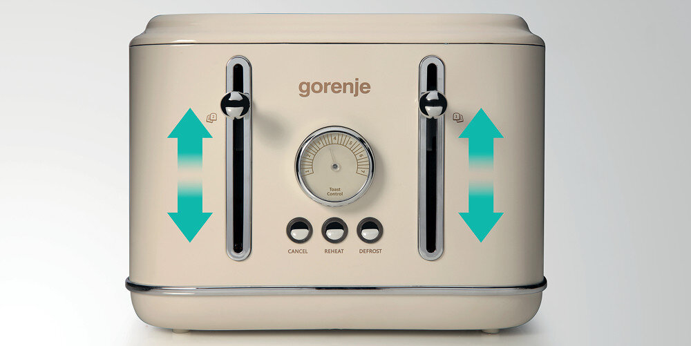 Beżowy toster z dwoma pionowymi suwakami i centralnym pokrętłem. Widoczne napisy: \'gorenje\', \'CANCEL\', \'REHEAT\', \'DEFROST\'.