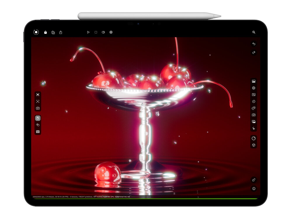 Tablet z wyświetlaczem przedstawiającym kielich z wiśniami na czerwonym tle. Na górze urządzenia znajduje się biały rysik.