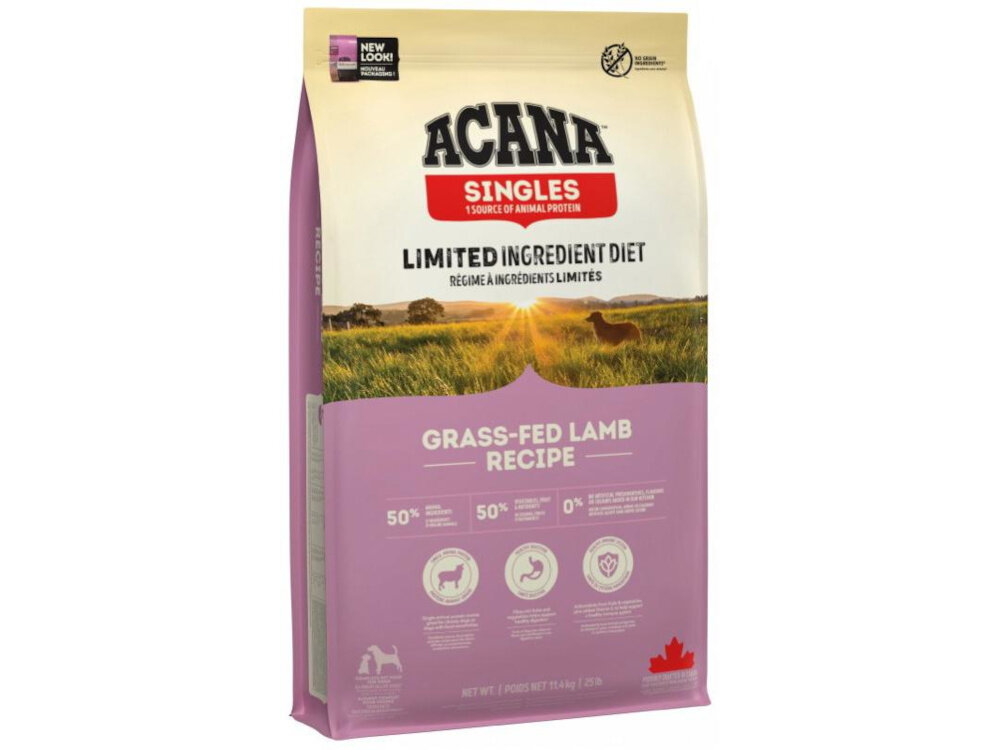 Karma dla psa ACANA Singles Grass-Fed Jagnięcina 11.4 kg opakowanie karmy na białym tle składniki analityczne dodatki technologiczne sensoryczne żywieniowe zootechniczne