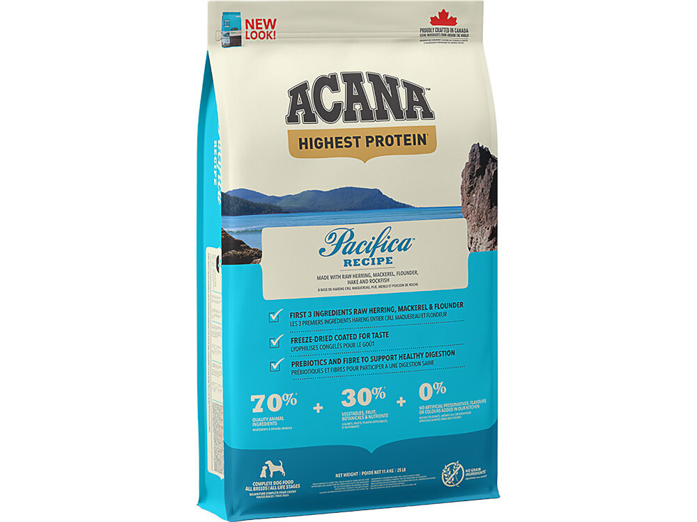 Karma dla psa ACANA Pacifica Ryba oceaniczna 11.4 kg opakowanie karmy na białym tle skłądniki analityczne dodatki technologiczne sensoryczne żywieniowe witaminy