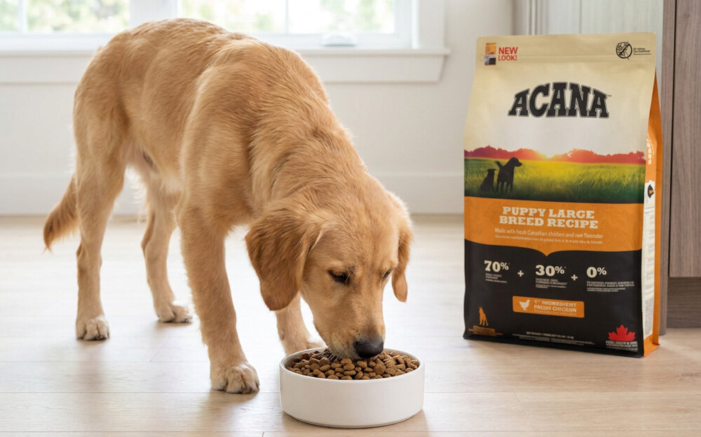 Pies je karmę z miski, obok stoi worek karmy ACANA Puppy Large Breed Recipe. Na opakowaniu widnieje napis: \'70% quality animal ingredients, 30% vegetables, fruits, botanicals\'.