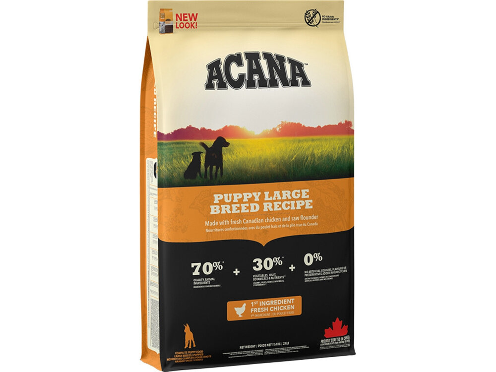 Opakowanie karmy dla psa marki ACANA z napisem \'Puppy Large Breed Recipe\'. Widoczne informacje: \'70% Quality Animal Ingredients\', \'30% Vegetables, Fruits, Botanicals\', \'0% Grain Ingredients\'.